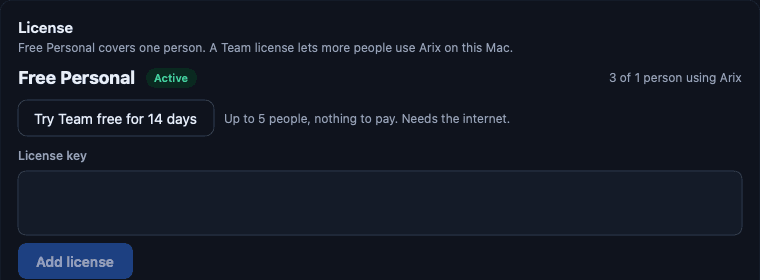 Arix for Mac, Settings, License: Free Personal is active, with Try Team free for 14 days, the License key box and Add license.