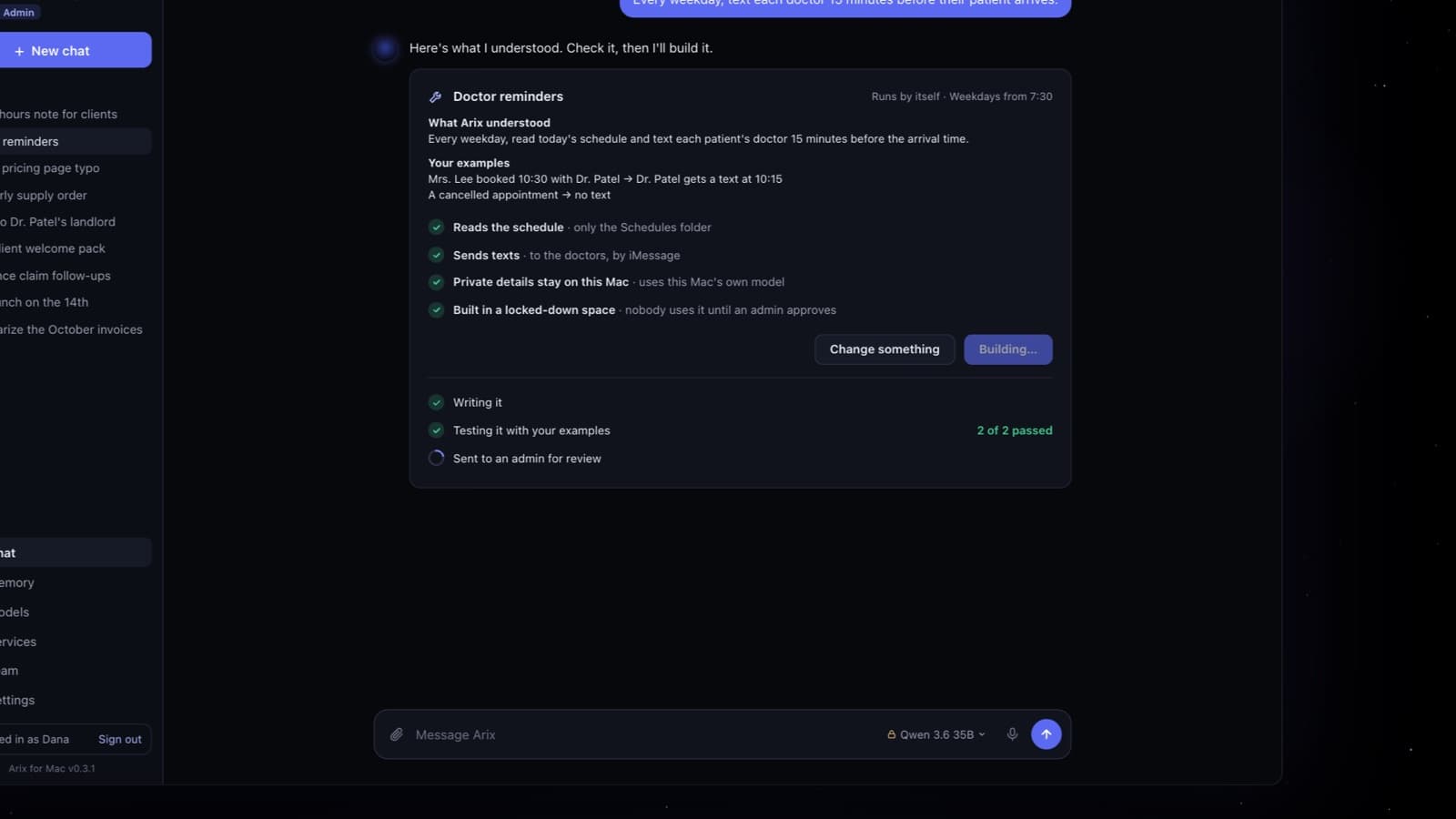 Arix building a doctor reminders tool and testing it with examples