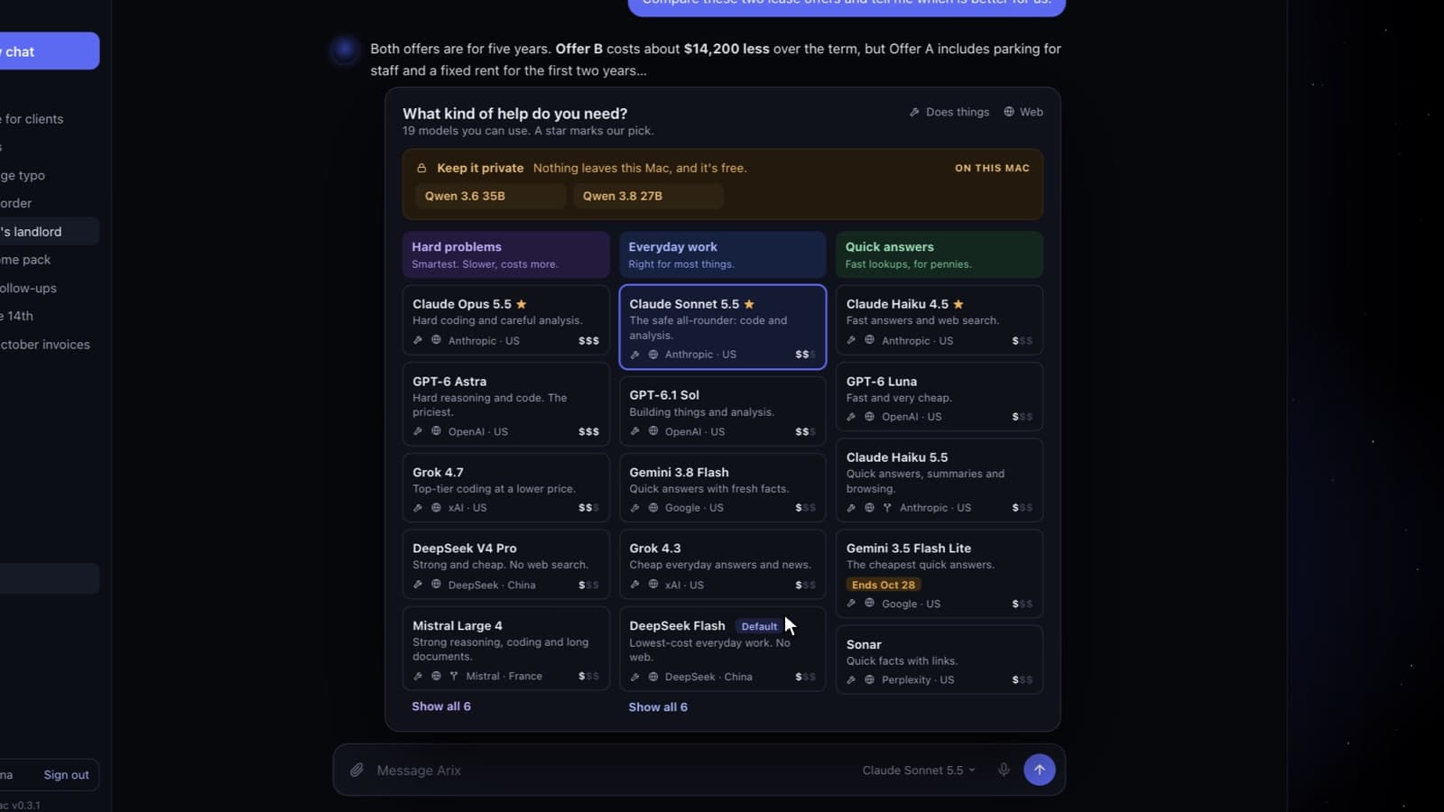Choosing a model for the next message from the chat